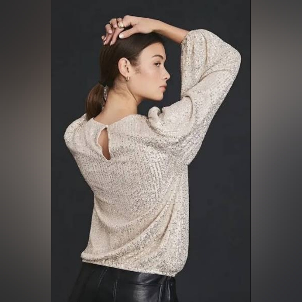 Anthropologie Flat White Long Sleeve Sequin Top Cream Off White XLP - Picture 2 of 7